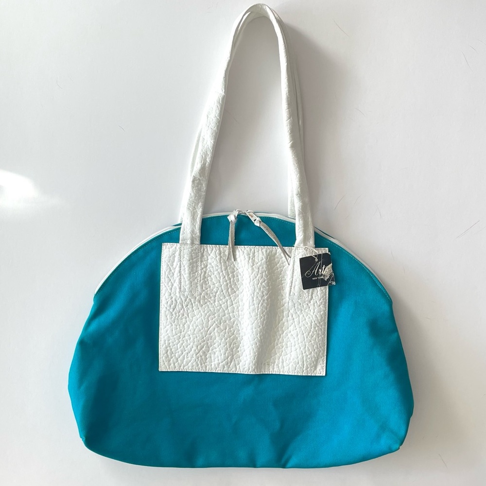 Rare Vintage 80’s Arto New York Turquoise Canvas and White Leather Tote Bag NWT